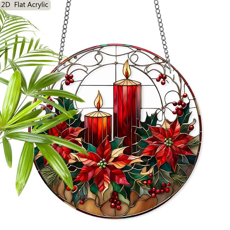 

Acrylic Christmas Candles with Poinsettia and Holly Suncatcher Stained Glass Effect Window Hanging Ornament Holiday Themed Gift for Home 20cm/7.87inch