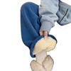 Women High Waist Blue Fleece Lined Wide Leg Casual Pants Thick Warm Loose Trousers