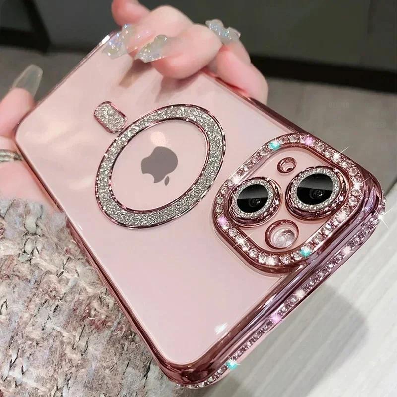 Klares Bling Kristall Handyhülle Für iPhone 17 Air 15 16 14 11 12 13 Pro Max Plus Für Magsafe Magnetische Kabellose Ladeabdeckung