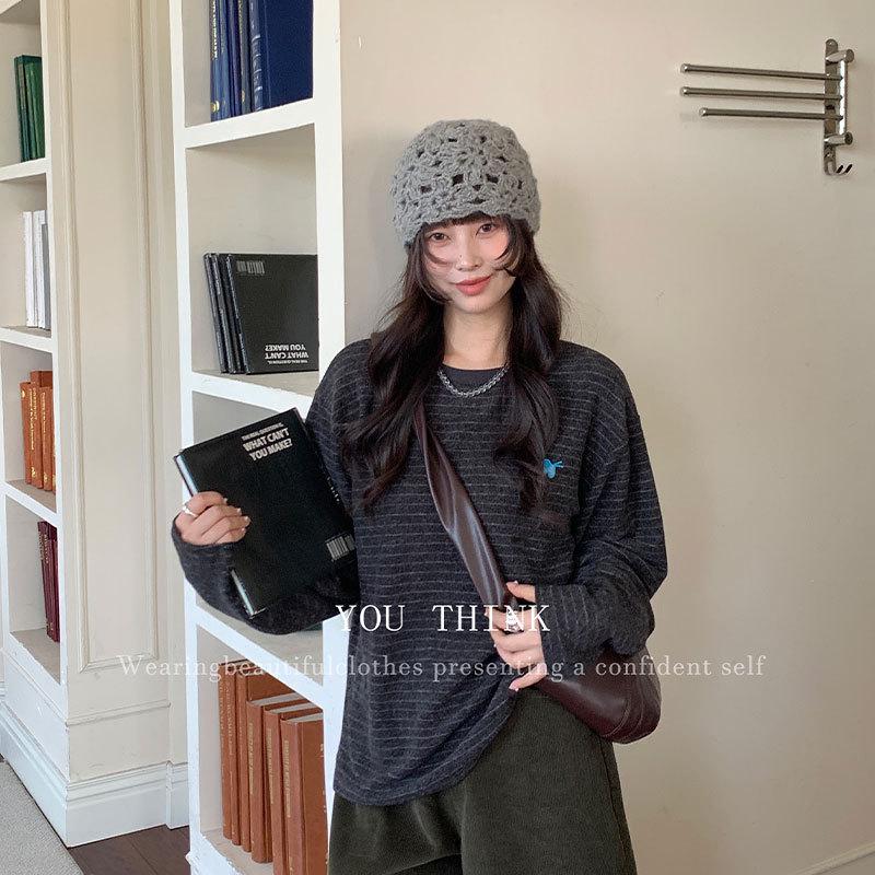 13th Row Women s Winter Loose Slimming Striped Long Sleeve T-Shirt - Korean Style One Size темно-серого