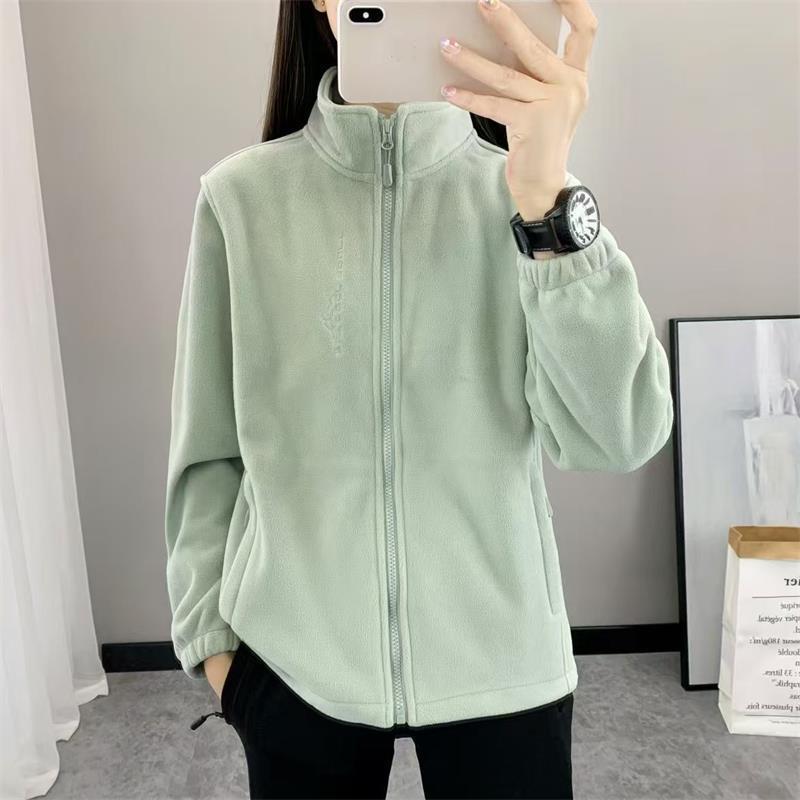 Winter Fleece Hiking Jacket Women Thicked Climbing Running Sweatshirt Double Side Zipper Stand Collar Sport Coat