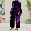 Women Plus Size Red Printed Round Neck Long Sleeve Layered Top Wide Leg Cropped Pants Two Piece Set