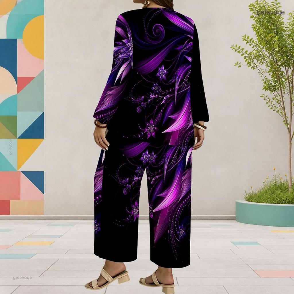 Women Plus Size Red Printed Round Neck Long Sleeve Layered Top Wide Leg Cropped Pants Two Piece Set