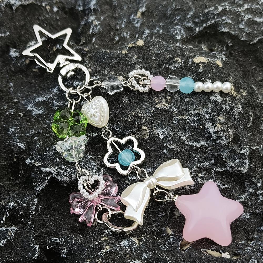 Sweet Pastel Bag Charm Hollow Star Clasp Pink Blue Beads Bow Transparent Star Cherry Blossom Pendant Cute Girl Handbag Decor