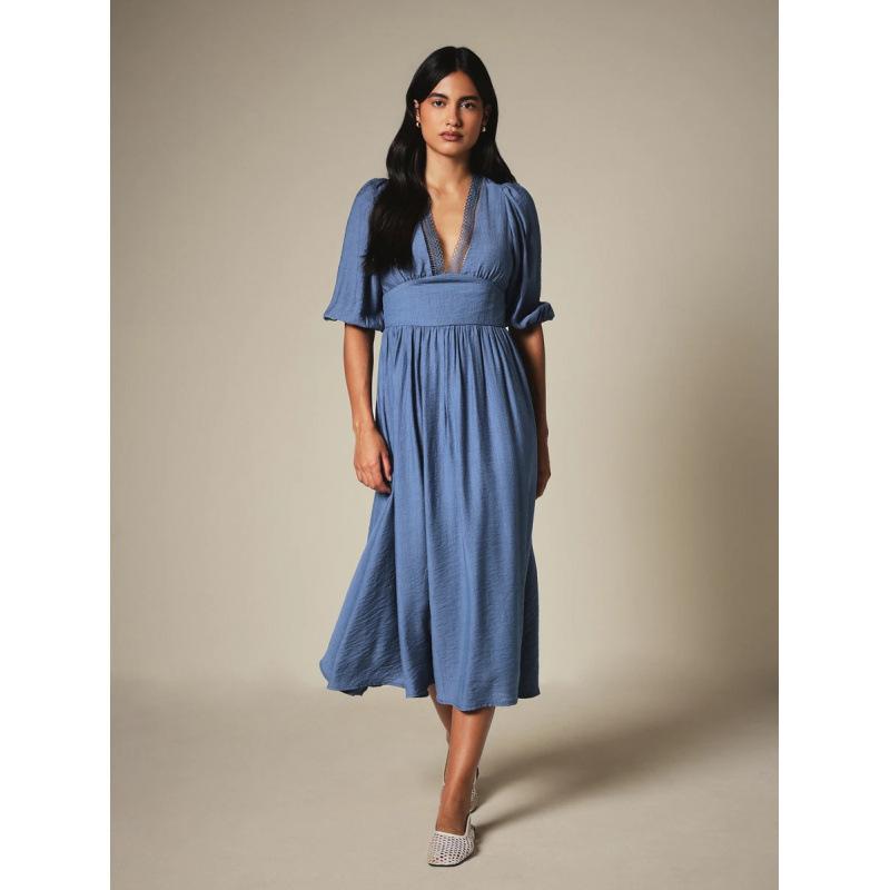 European lazy style temperament elegant lace splicing fold V-neck medium and long dress women XS синий