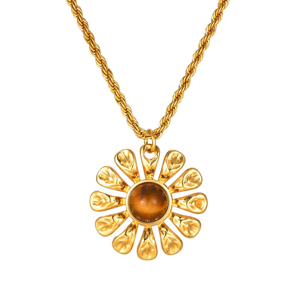 Retro Style Tiger'S Eye Stone Flower Pendant Necklace Female, Stainless Steel Twist Chain Necklace 2669