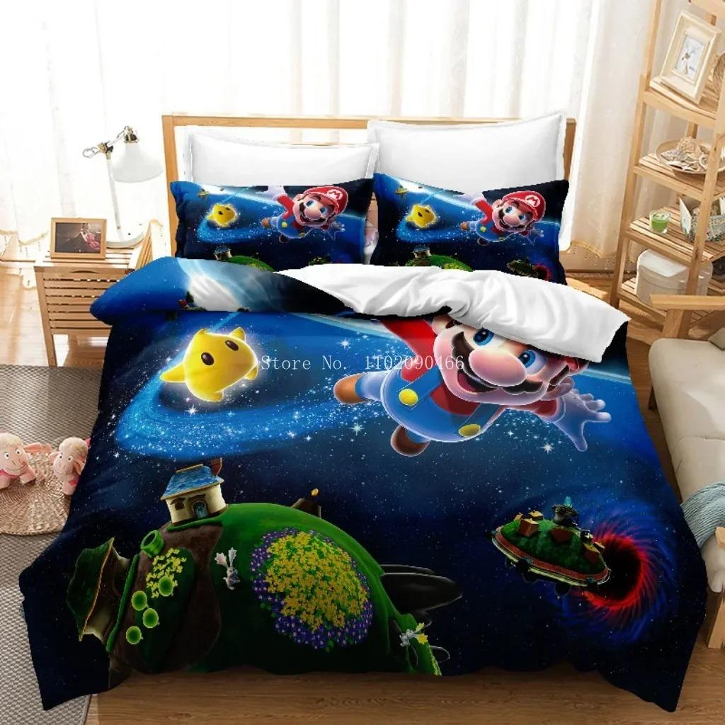 Set de lenjerie de pat 3D HD SuperS M-Mario Personaje de joc Super Bros Husă de plapumă, Huse de pilotă pentru copii Față de pernă 2/3 buc Single Twin