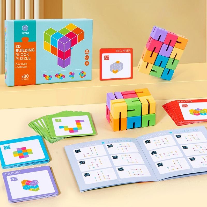 Wooden 3D Cube Building Blocks Puzzle Logical Reasoning Spatial Thinking Early Educational Toy for Kids светло-серый