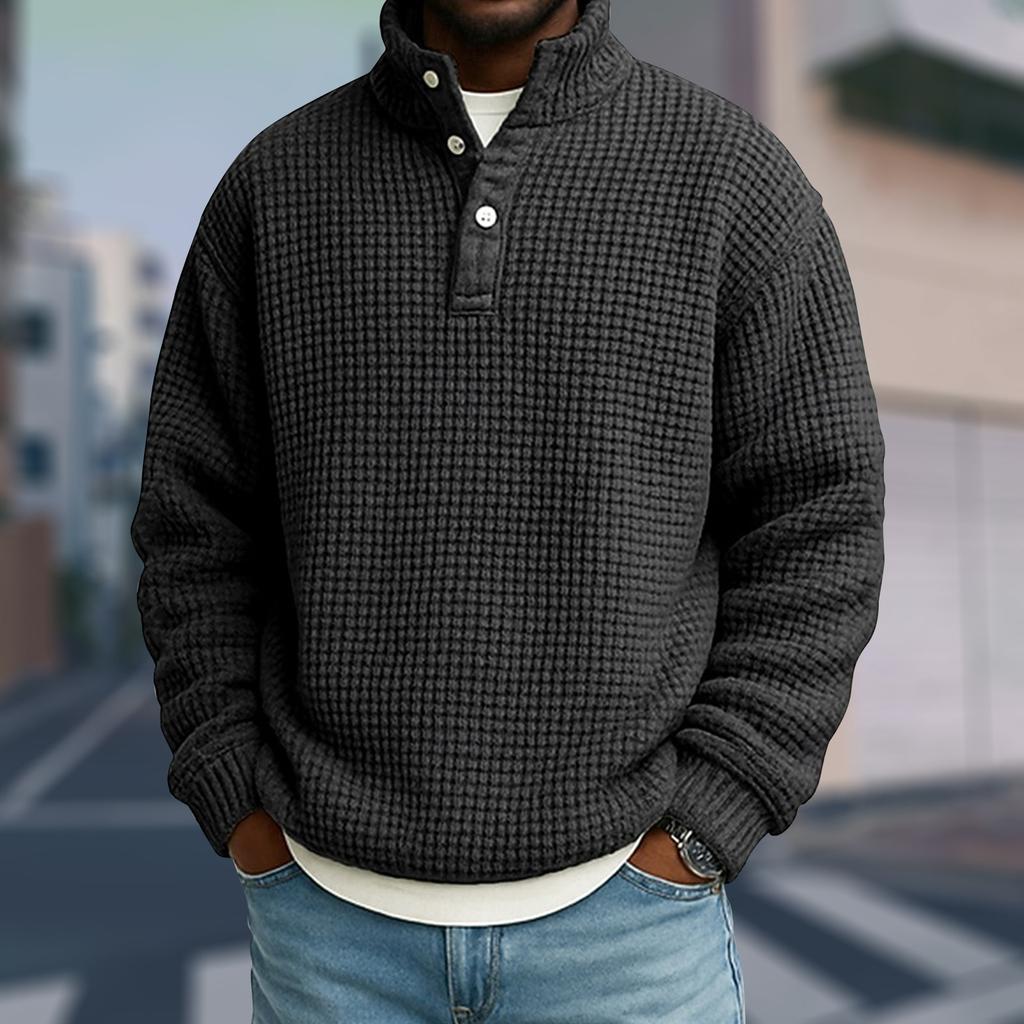 Men's Casual Stand-Up Collar Long-Sleeve Top Color Button-Down Sweatshirt