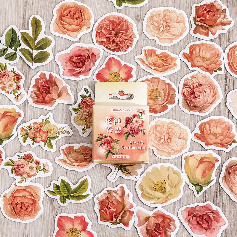 Journamm 44-46pcs Vintage Stickers Cute Flower Sticky DIY Scrapbooking Decor Junk Journal Collage Photo Album Sticker Stationery