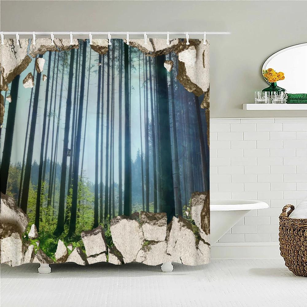 Birch Forest Trees Shower Curtain Natural Landscape Printed Fabric Waterproof Polyester Bath Curtains Bathroom Decor With Hooks