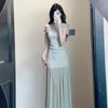 Green Slanted Shoulder Waist Mesh Dress Women's Summer New French High-end Temperament Thin Off-the-shoulder Dress