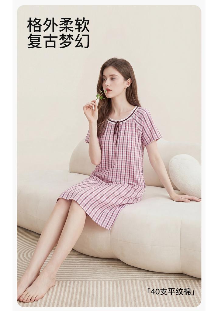Fenteng [40 Thread Flat Cotton] Skin Friendly Plaid Round Neck Short Sleeved Nightgown Dress Pajama Women's and Girls' Skirt Style