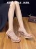 Waterproof table nude high heels women's 2025 summer new thin heels cool slippers design sense square head open toe sandals outside wear