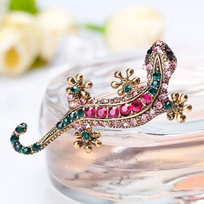 Retro Lucertola Geco Forma Spilla Brillante Strass Intarsiato Spille Scialle di Seta Finta Fibbia Vestito Distintivo Accessori Vestito