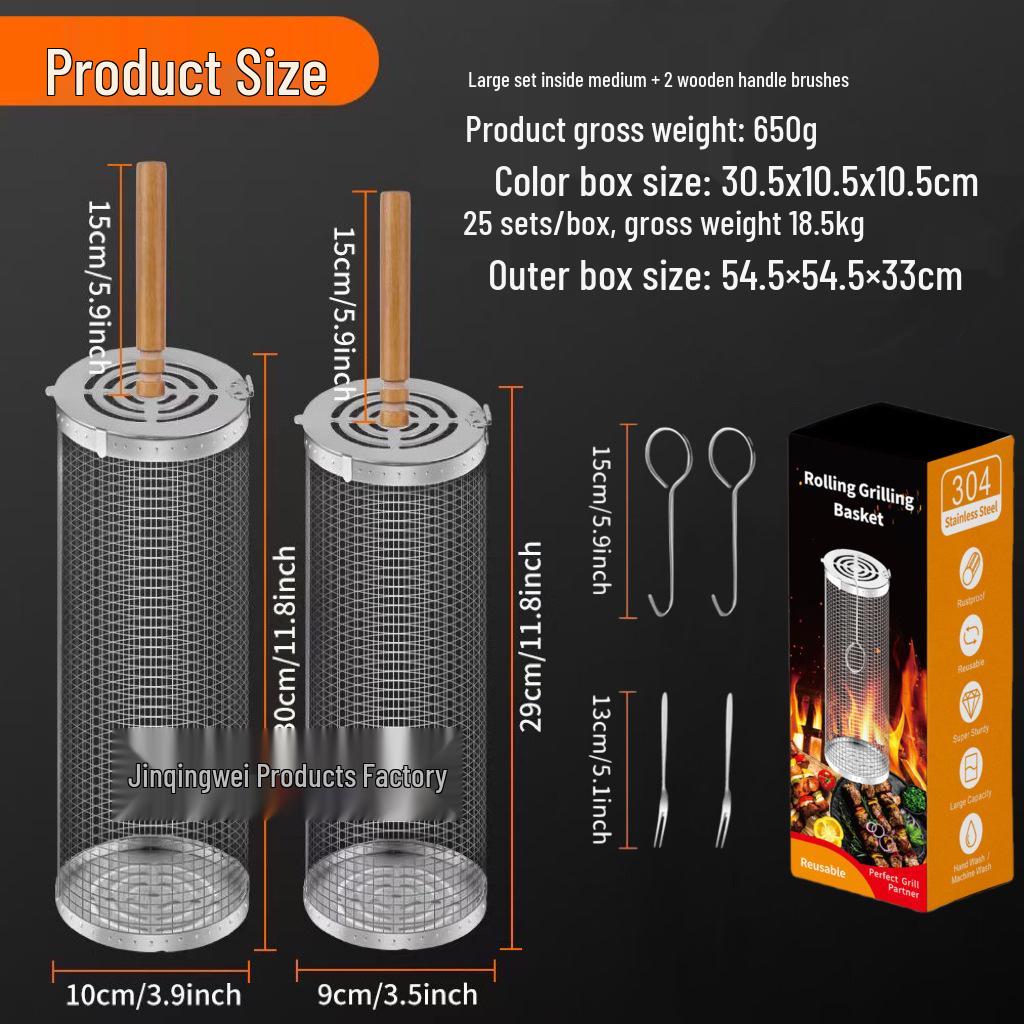 Rotating BBQ Grill Basket: 304 Stainless Steel with Wooden Handle