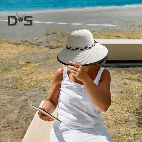 Sommer-Sonnenhut mit breiter Krempe, geflochtenem Seildekor, Strandhut, UV-Schutz, größenverstellbar, Schweißbänder, Damen-Strohhut