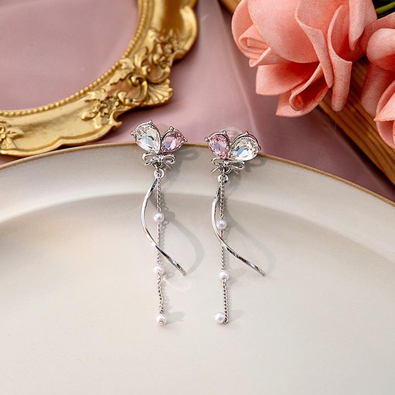 

Серебряные игольчатые асимметричные серьги-цепочки: Милые розовые цирконы, бабочки и медведи для женщин