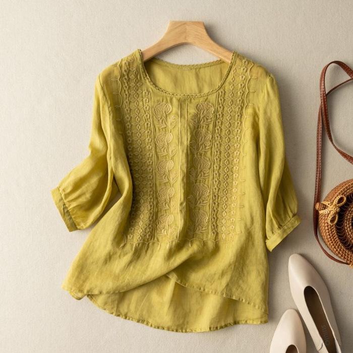 Sommer Elegante Shirts Damen O-Ausschnitt Blumenstickerei Bluse 3/4 Ärmel Arbeits-Tops Causal Lockeres Oberteil