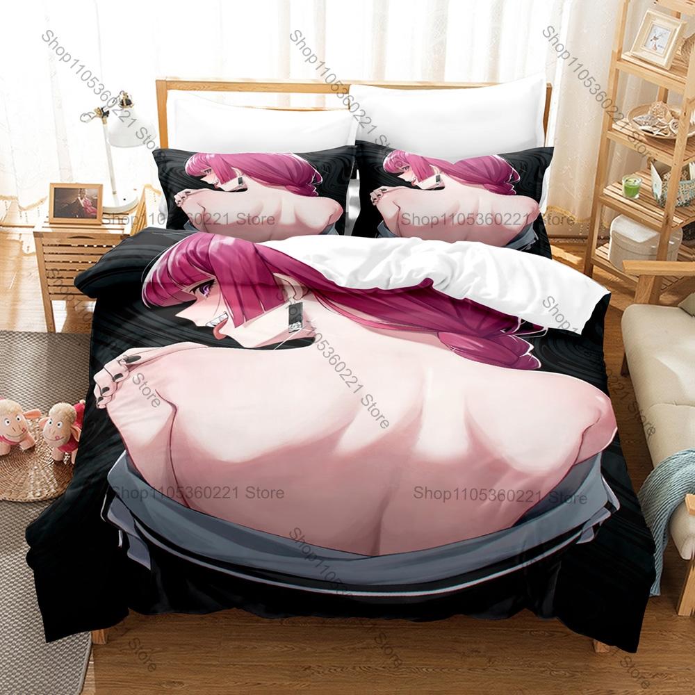 Bocchi The Rock Anime Kikuri Hiroi SICK HACK Band Purple Braided Hair Sake Lover Bedding Set Duvet Cover + 2 Pillowcases Anime
