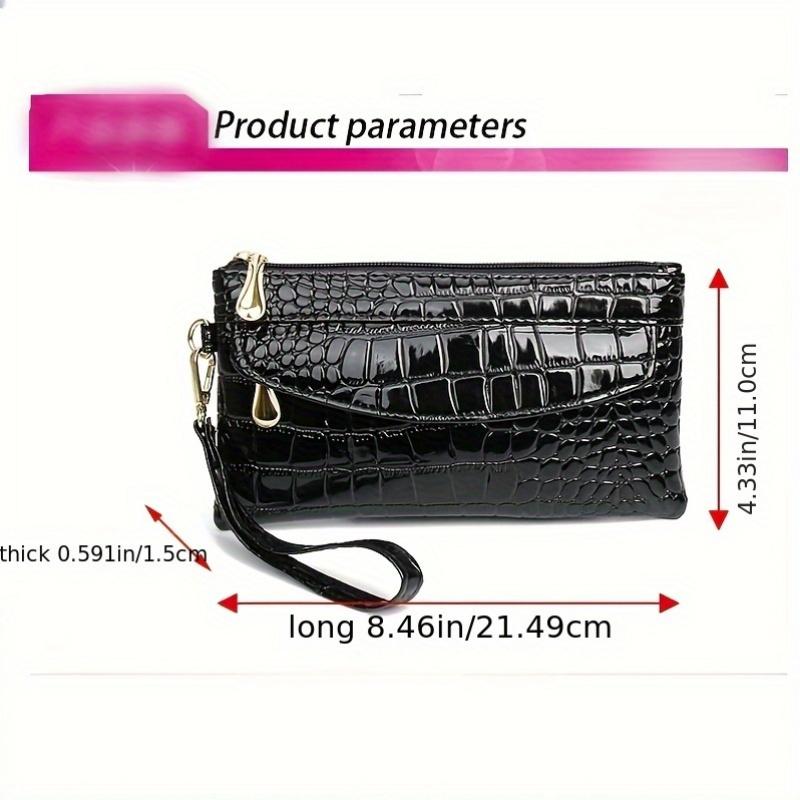 [Zipper Clutch with Coin Storage] Elegant Crocodile Pattern Faux Leather Wallet with Wristlet, Envelope and Zip Pocket, Fashionable Long Clutch