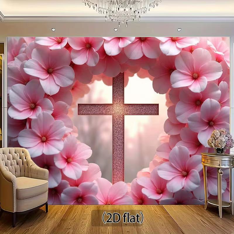 

2D Flat Religious Floral Cross Backdrop, Pink Flower Arch with Sparkly Cross for Communion 47.2x31.5inch/120*80cm