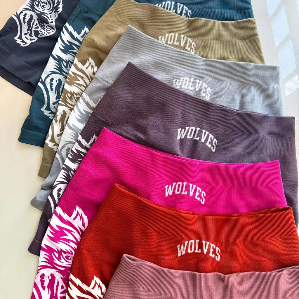 Nahtlose High-Waist Yoga-Shorts - Damen Elastisches Wolfskopf-Design