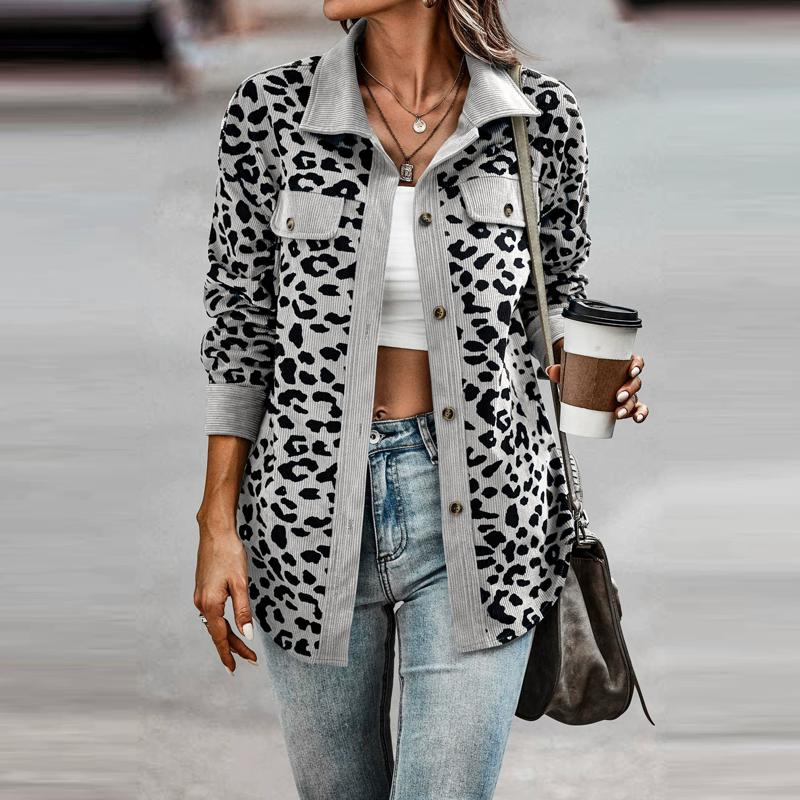 Flip Collar Cardigan Long Sleeved Leopard Printed Coat Women's Button Up High Street Fashion Autumn Jacket