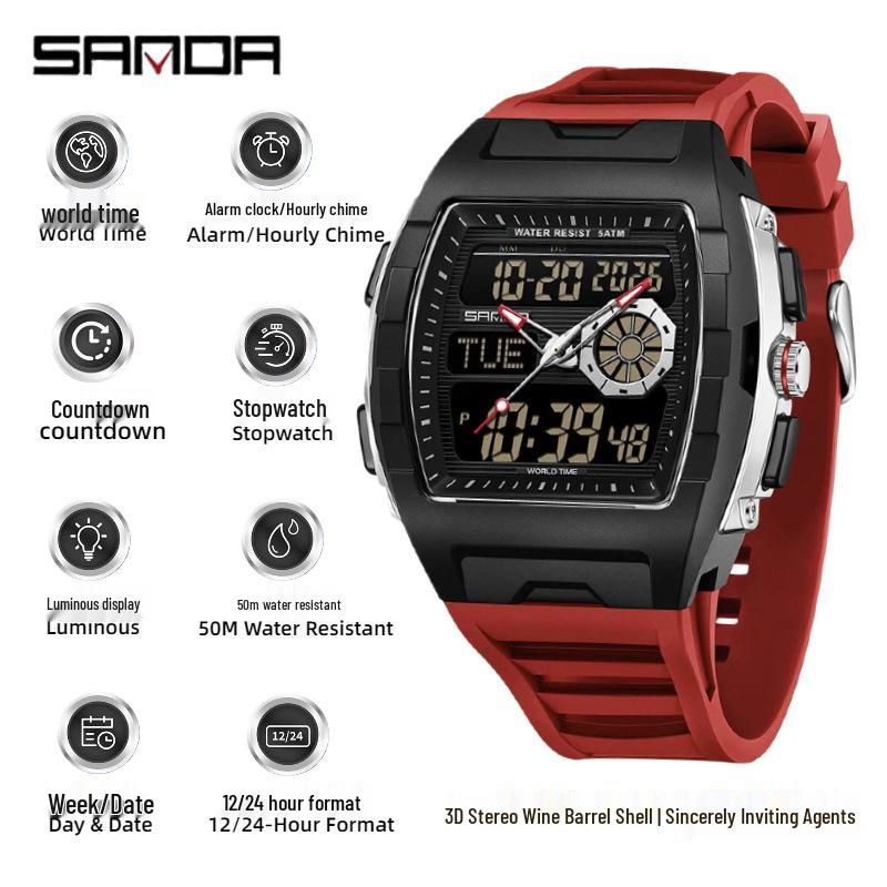 Sanda Men's Sports Barrel-Shaped Luminous Countdown Watch with Triple Time Zone and Dual Display, Waterproof Design.