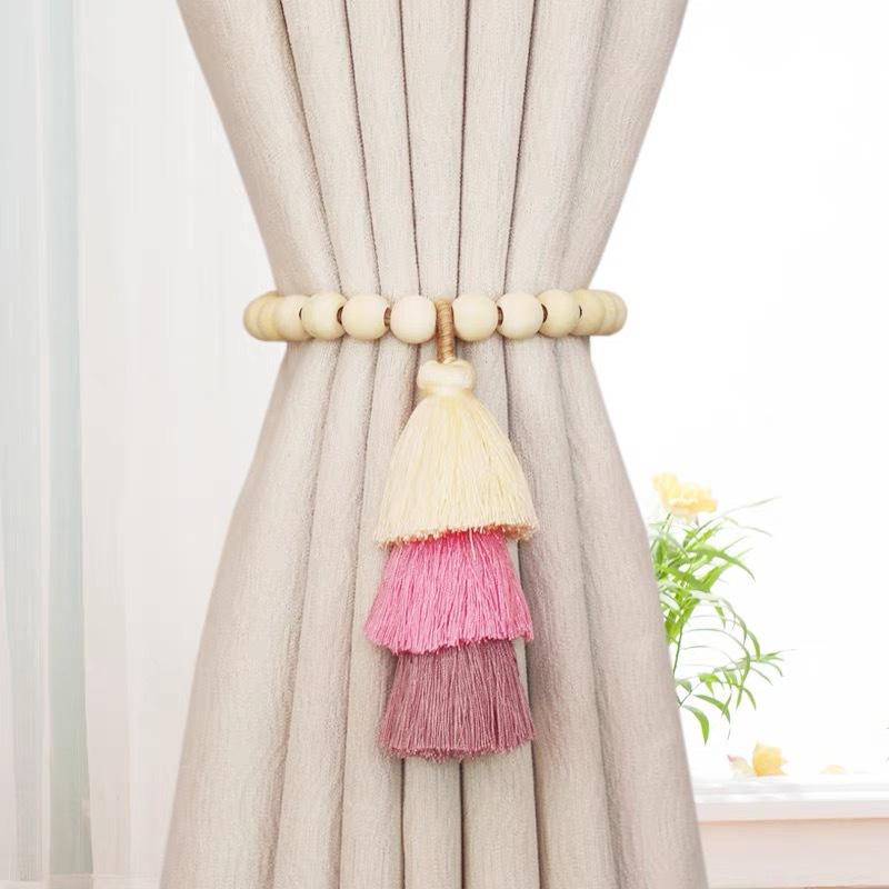 2Pcs Bohemian Curtain Clasp Wooden Bead Magnet Curtain Tie Backs With Tassel For Bedroom And Living Room Home Decoration