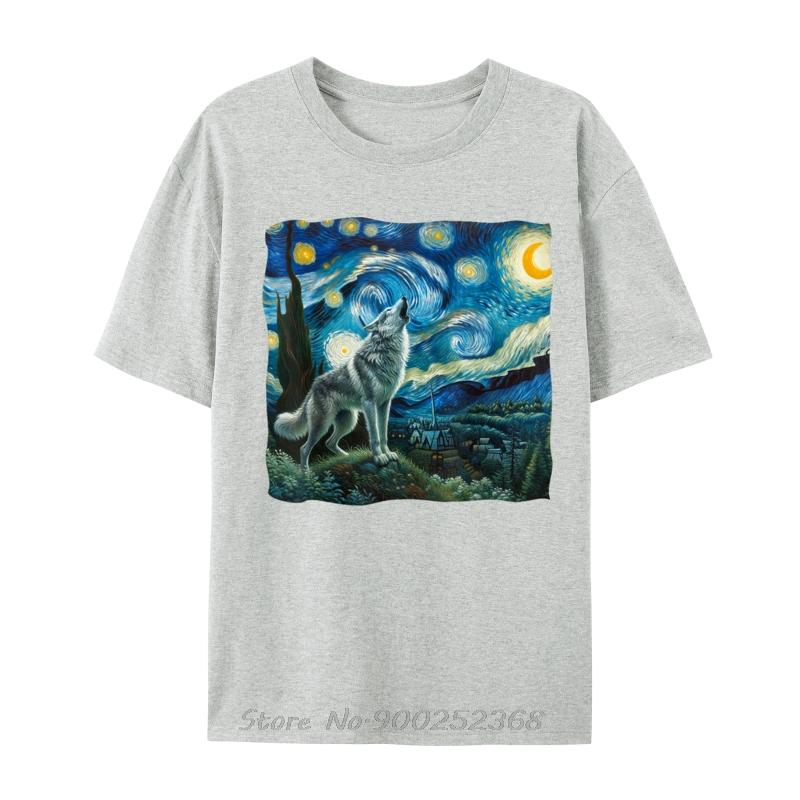 Wolf Starry Night Howling Moon Funny TShirt Oversized Casual Tshirt New Summer Tees Cotton Fashion T Shirt Men Clothing