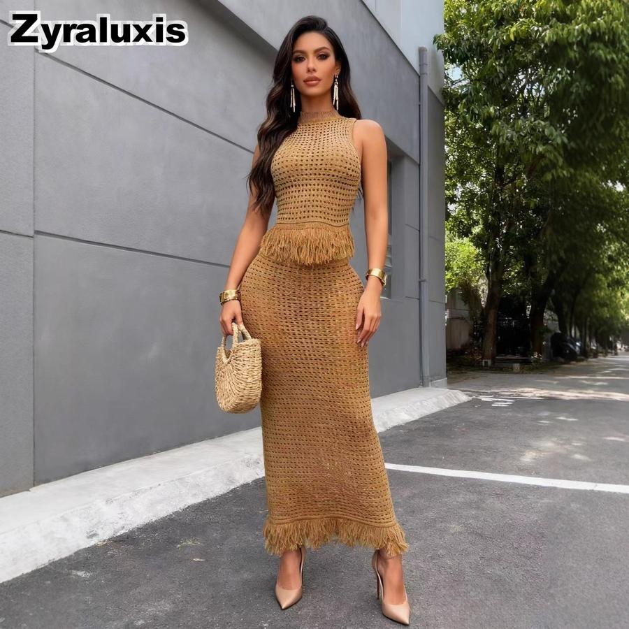 Neues gehäkeltes Fransen-Set Damen Ärmelloses High-Neck-Top + Bodycon-Langrock Zweiteiliges Outfit