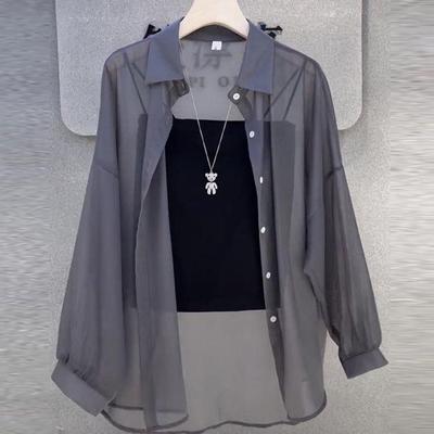 Camicia a tinta unita con bottoni davanti, camicia casual trasparente a maniche lunghe e sottile per primavera e autunno, abbigliamento da donna