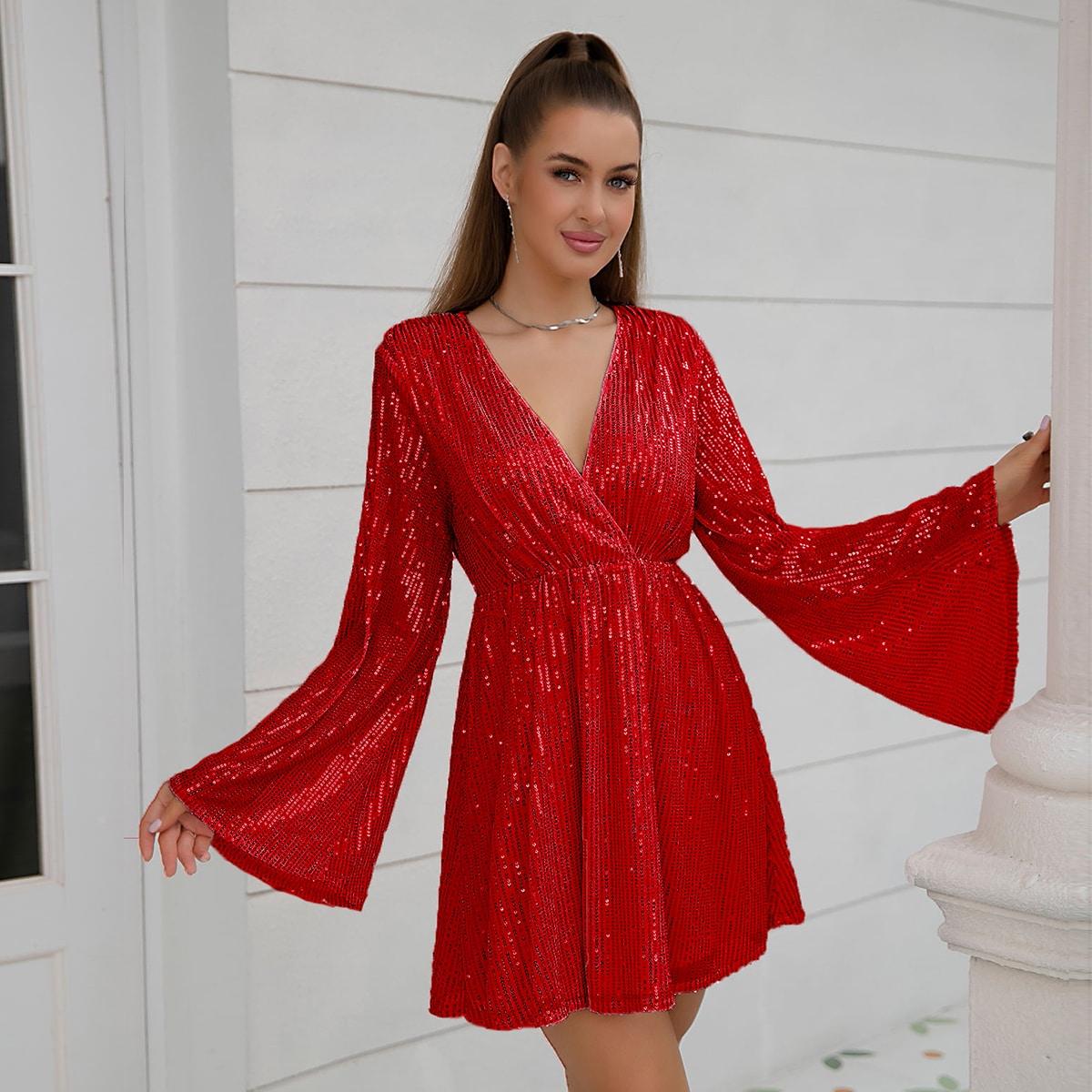 

D&M Surplice Neck Сетчатое вечернее платье с пайетками