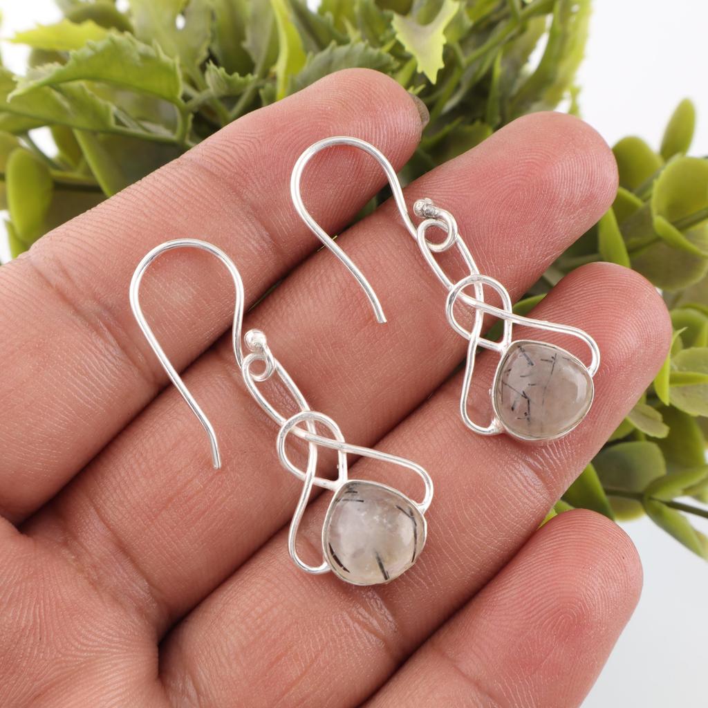 Ohrringe mit schwarzem Rutil, 925er Sterlingsilber-Echtschmuck, handgefertigte Ohrringe, für Thanksgiving