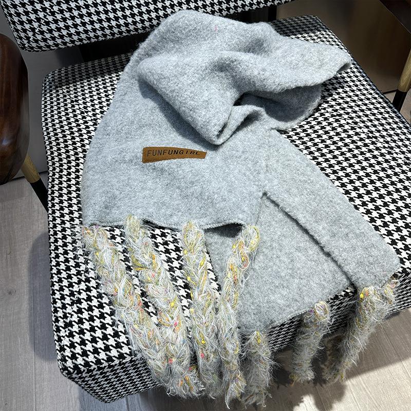 Handmade long tassel retro winter thickened solid color warm scarf women's thick wool scarf