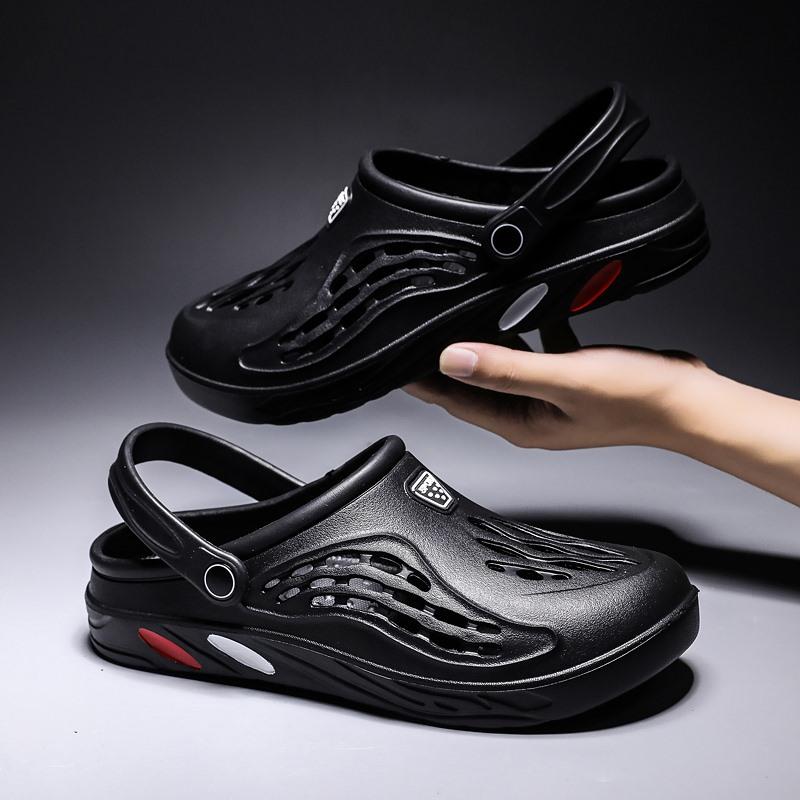 

Большие размеры 49 дырок обувь мужские сандалии для улицы нескользящие водонепроницаемые пляжные туфли с сумкой на голову повседневные классные тапочки 47 36 чёрный
