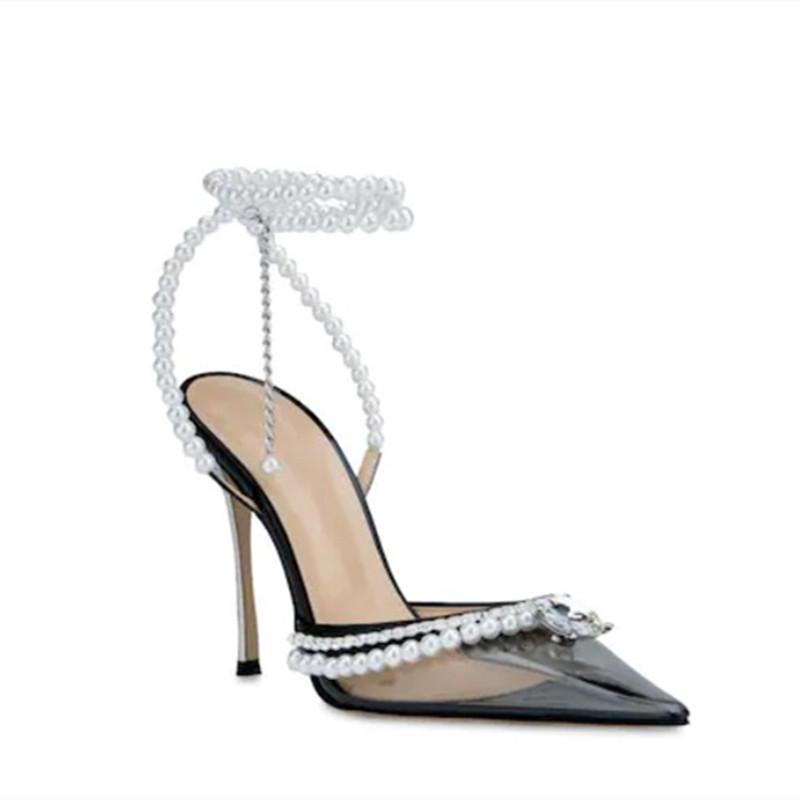 Luxury Rhinestones Pearls Women Pumps Transparent PVC Ankle strap Sexy Party High heels Spring Summer Wedding Prom Shoes