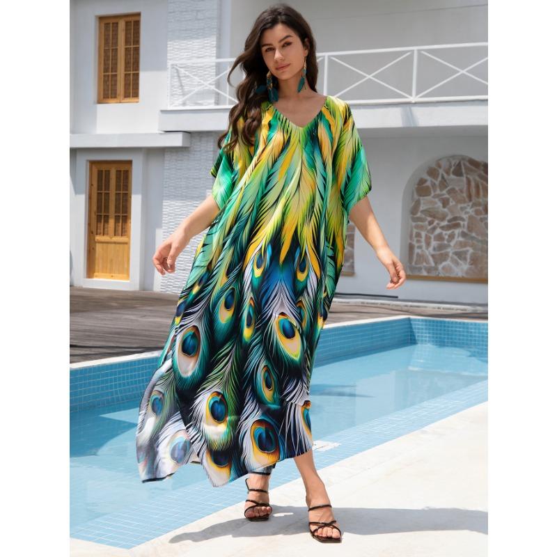 Damenmode Sommer Frühling Federdruck 1/2 Ärmel V-Ausschnitt Lockere Taille Freizeitkleider