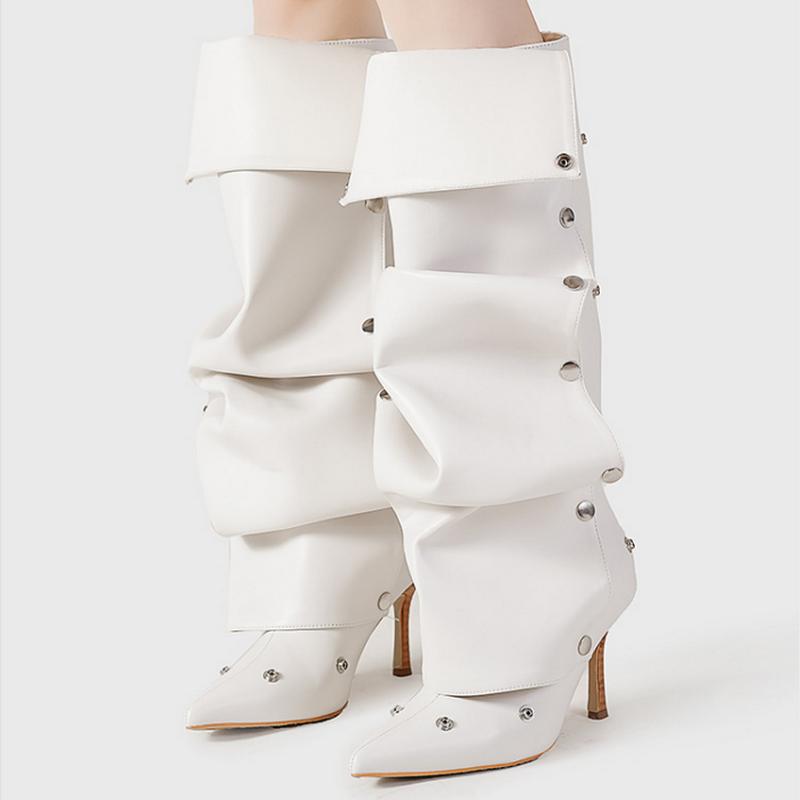 Fashion FHC 2024 New Women Knee High Boots, Denim Long Botas,Spring/Autumn Fashion Rivets Shoes,Pointed Toe,Black White,Brown,Dropship