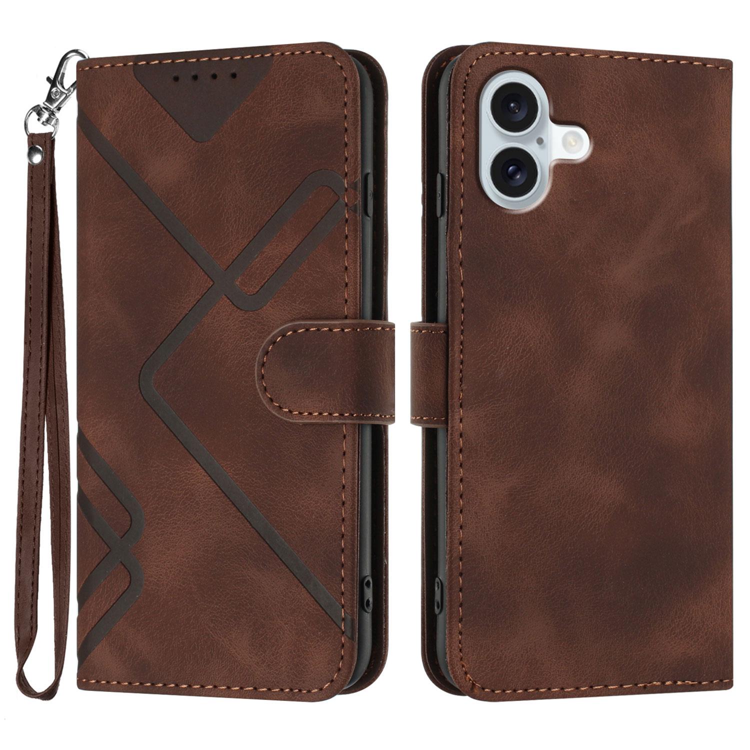

For iPhone 16 Plus Wallet Case Line Imprinted PU Leather Phone Cover with Strap Brown