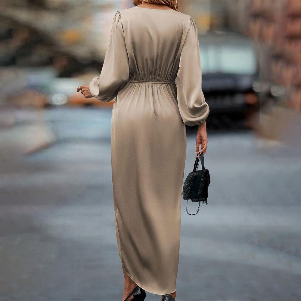 Elegant Cross-Neck Ruched Slit Dress with Puff Sleeves and Irregular Hem
