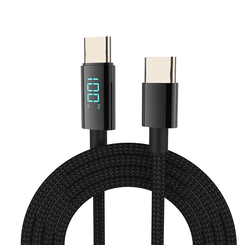 100W Dual Type-C Nylon Braided Fast Charging Cable with Digital Display for Android, Huawei, and Apple Devices.