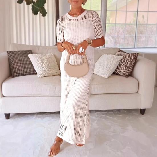 Women's Dress Cover Up Set Sleeveless Long Dress And Short Sleeve Knitted Hollow Cover Up