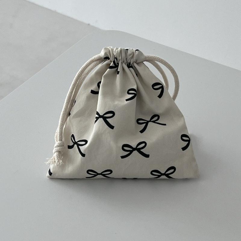 Bow Printed Mini Drawstring Bag Cosmetic Organizer Sweet Storage Pouch for Women Girls