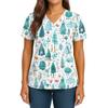 Women's Christmas Print V-Neck Double Pocket Short Sleeves Hem Slit  Uniform And Caregiver Top