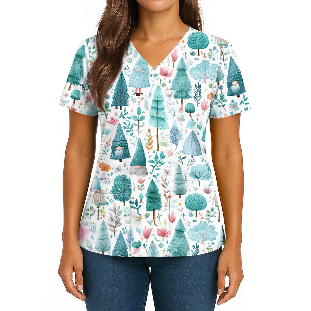Women's Christmas Print V-Neck Double Pocket Short Sleeves Hem Slit  Uniform And Caregiver Top