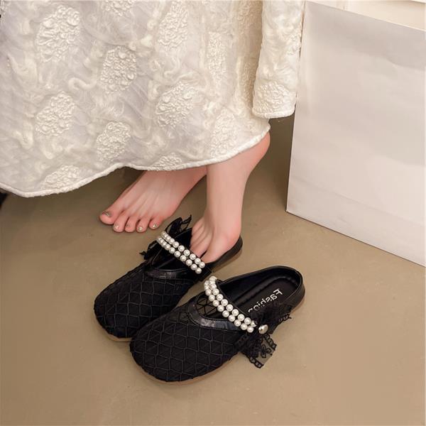 Fashion Cover Toe Flat Shoes Female String Bead Woman's Slippers Butterfly-Knot Slides 2025 Sweet Butterfly-knot Butterfly-Knot Shoes Sl