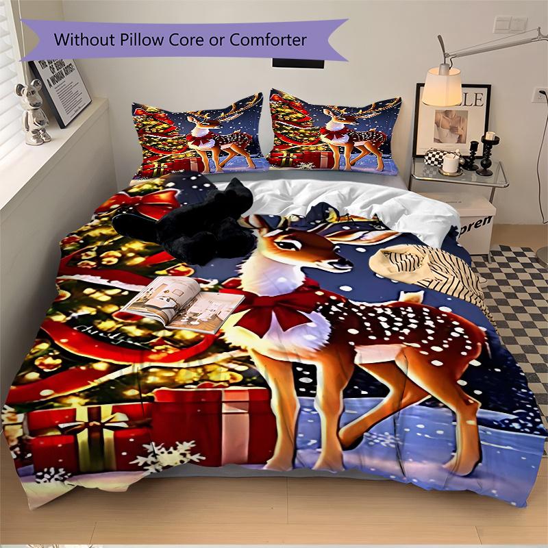 3pcs Christmas Deer Bedding Set with Red Bow - Festive Decor for Bedroom and Guest Room - Includes One Quilt Cover and Two Pillowcases (No Core) - Ani