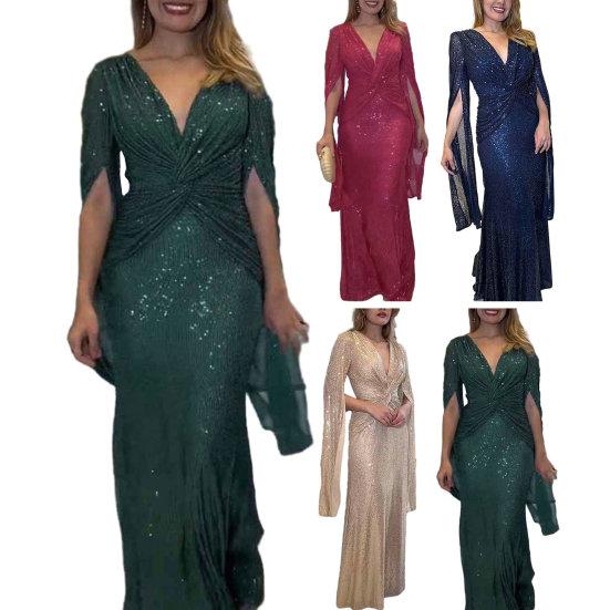 Abito da sera da donna Maniche divise Profondo scollo a V Paillettes lucide Vestibilità attillata Vita stretta Nodo Pieghettato Lunghezza intera Tinta unita Lady Prom Banchetto Abito lungo